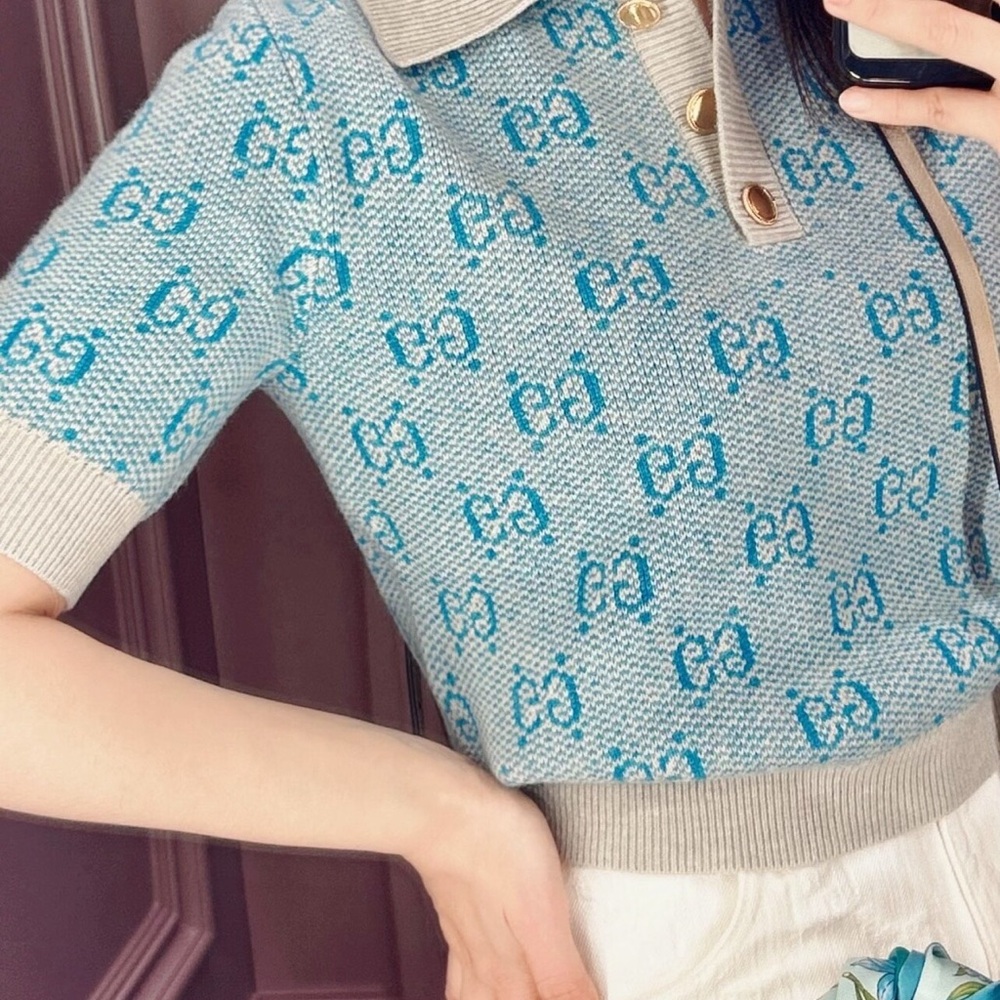 Authentic Gucci Light Blue Patterned Polo - Picture 8 of 9